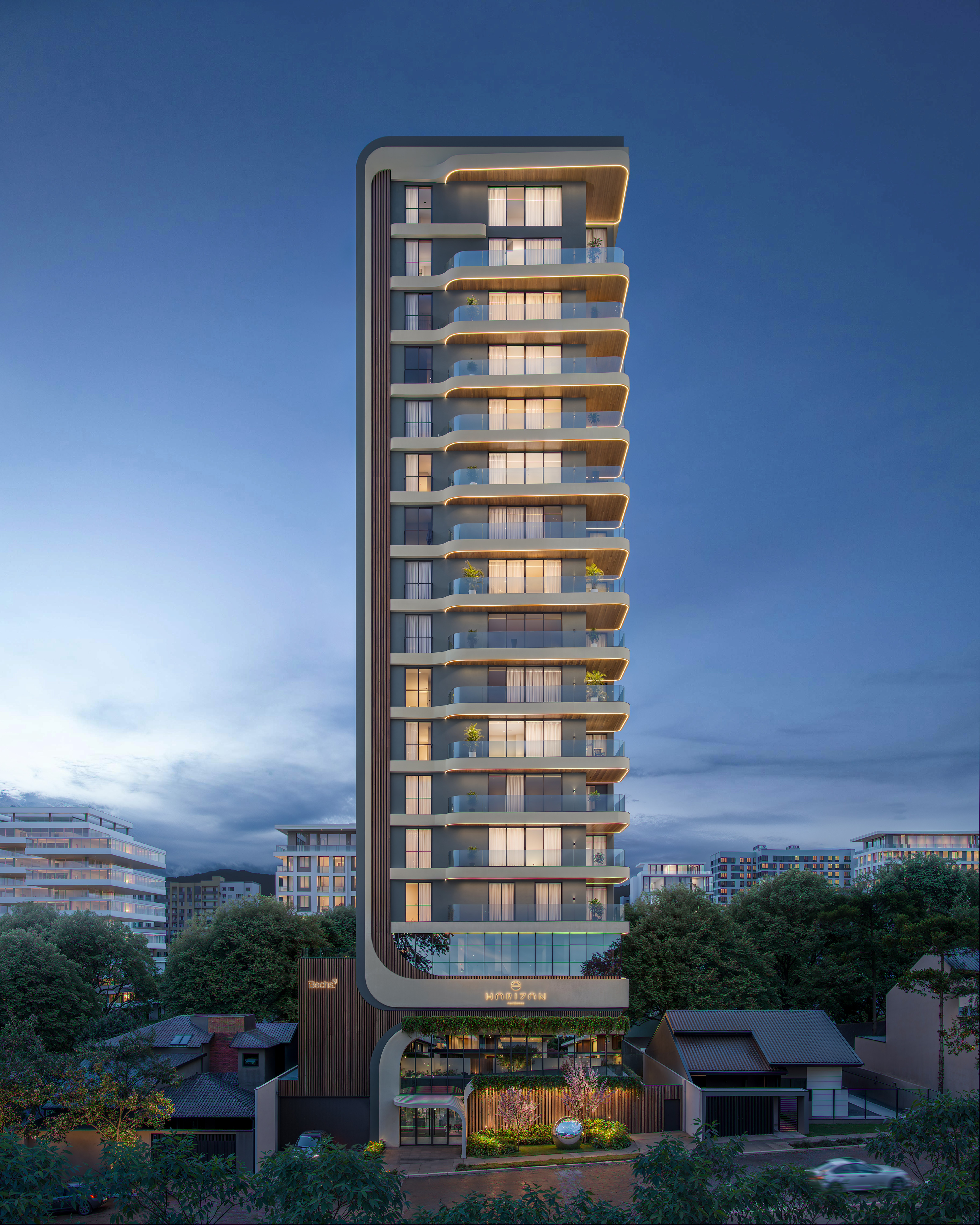Horizon Residence — torre completa blue hour